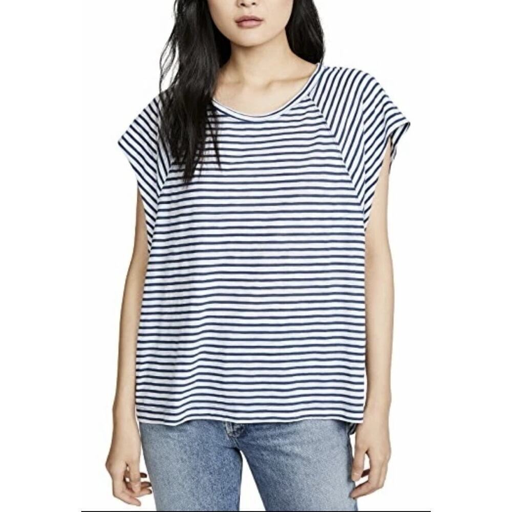 We The Free People Womens Blue White Striped T Shirt Sz S Halo Cap Sleeve Boho - Picture 2 of 13